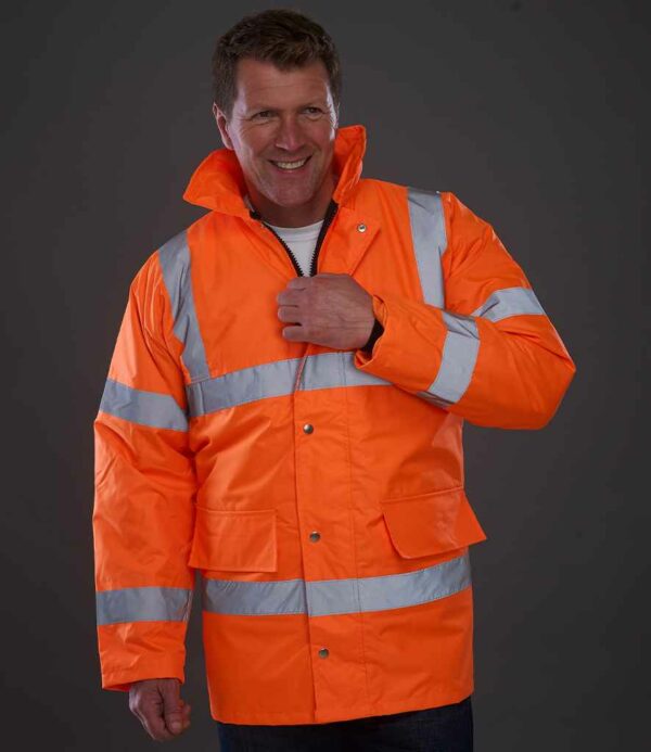 Orange Yoko branded hi-vis motorway jacket