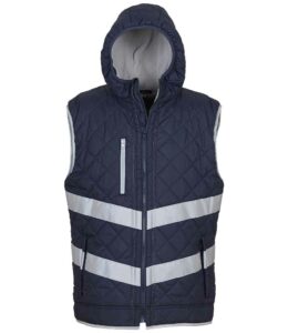 Navy blue hi-vis quilted gilet with hood and zip pockets