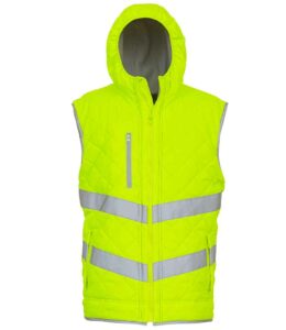 Yellow hi-vis quilted gilet with hood and zip pockets