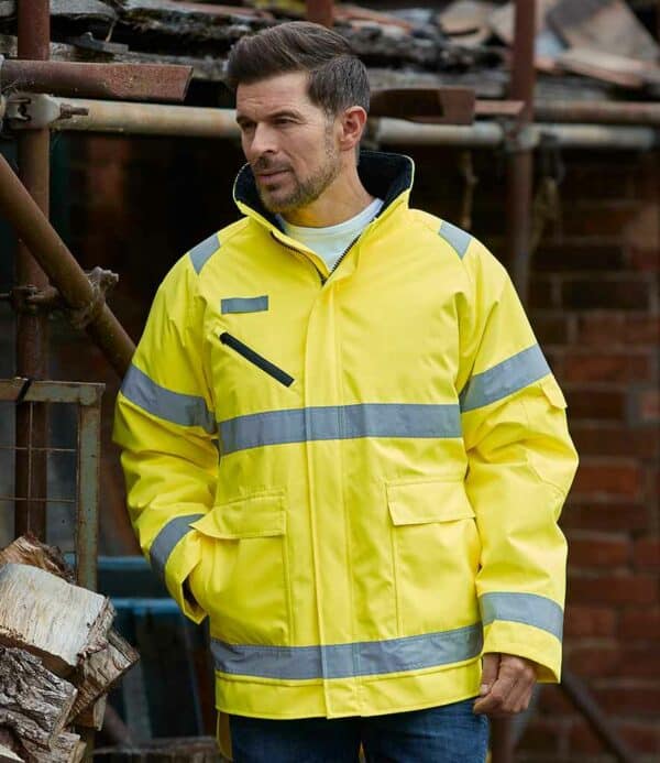 Yellow hi-visibility Yoko branded waterproof storm jacket