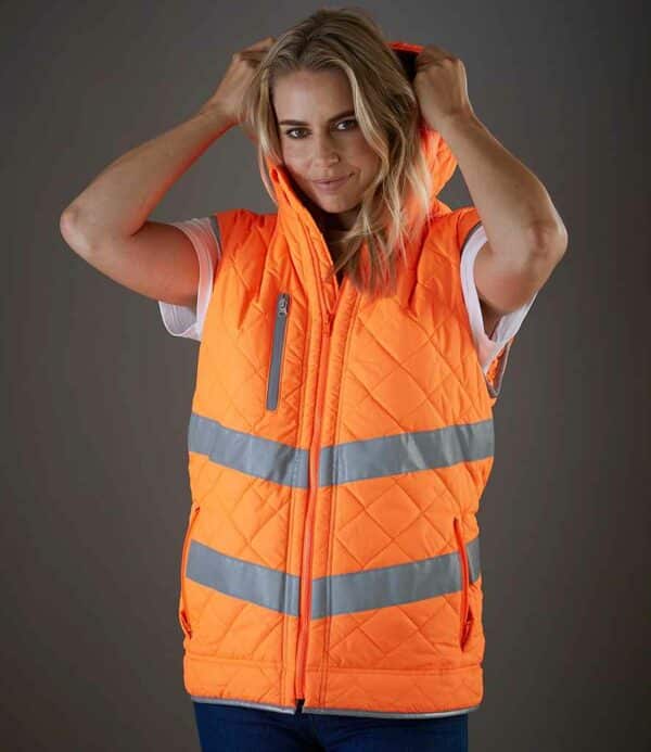 Orange hi-vis quilted gilet with hood and zip pockets